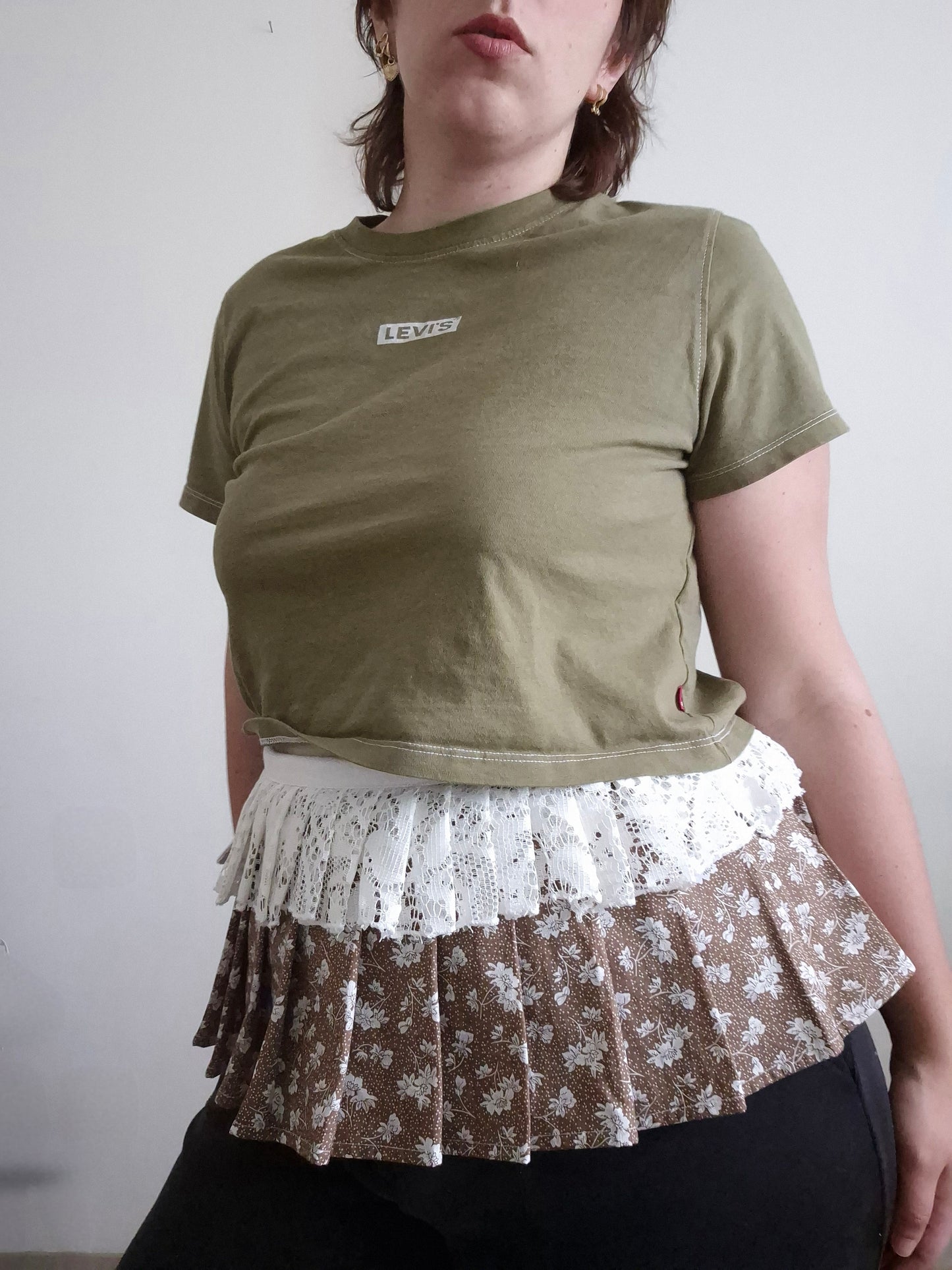 (M) Ceinture layering coton fleuri & dentelle — pièce unique