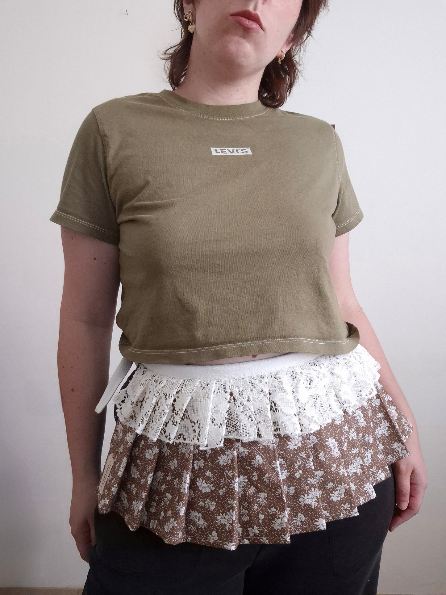 (M) Ceinture layering coton fleuri & dentelle — pièce unique